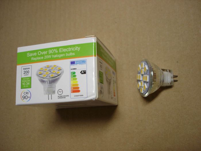 SanSun 2.4W LED
A SanSun 2.4W  12V AC/DC non-dimmable LED 120° beam flood for replacing 20W halogen lamps.

Made in: China

Colour temp: 3000K

CRI: 90+

Life: 50,000 hours
