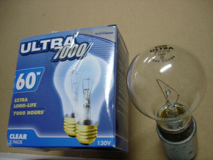 Electrimart 60W
Here is a pack of Electrimart 60W clear ultra 7000 Extra Long Life incandescent lamps. 

Made in: China

Filament: C-6 Supported
