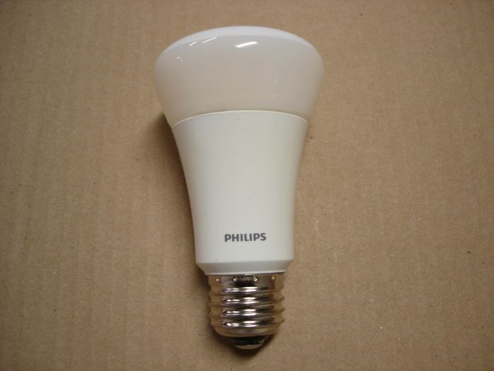 Philips 11W LED
Here's a Philips 11W dimmable warm white Ambient LED lamp. Equals 60W incandescent.

Made in: China

Lumens: 830

Colour temp: 2700K

Current: 110 mA

Hours: 25,000

CRI: 80


