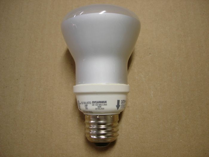 Sylvania 14W CFL
Here is a Sylvania 14W warm white compact fluorescent R20 flood lamp. 

Made in: China

Lumens: 495

Hours: 8000
