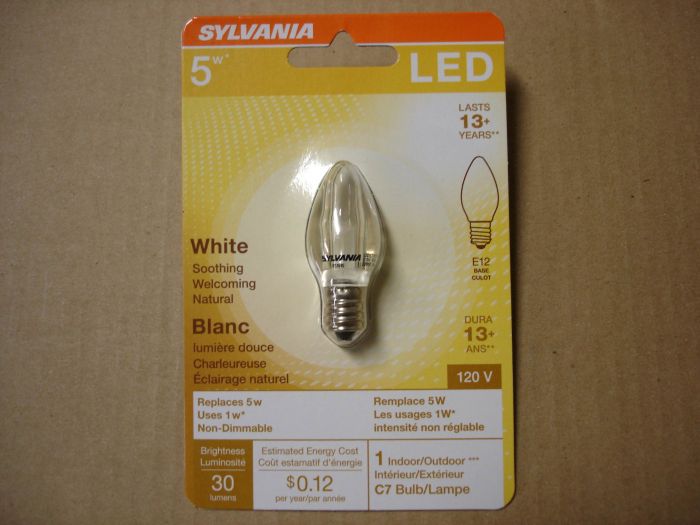 Sylvania 1W LED
Here is a Sylvania 1W C7 LED lamp. 1W = 5W incandescent.

Made in: China

Colour temperature: 3000K

Lamp life: 15,000 hours

Current: 30 mA

Lumens: 30

Voltage: 120V

CRI: 80


