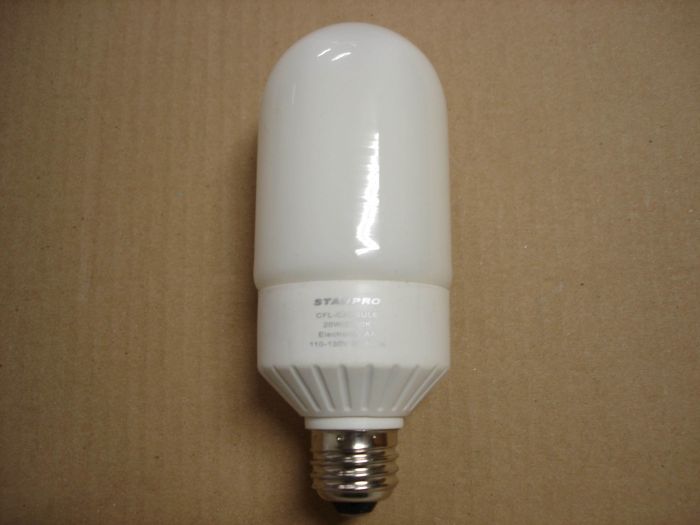 Stanpro 20W CFL
A Stanpro 20W warm white capsule compact fluorescent lamp. 

Colour temp: 2700K

Lamp life: ~8000 hours

Voltage: 110-130V

Lamp Shape: T19
