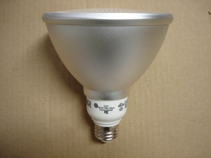 GE 23W CFL
Here is a GE 23W non-dimmable warm white PAR 38 compact fluorescent flood lamp. 23W = 90W incandescent. 

Made in: China

Lumens: 950

Lamp life: 10,000 hours

Current: 350 mA

Voltage: 120V

CRI: 82


