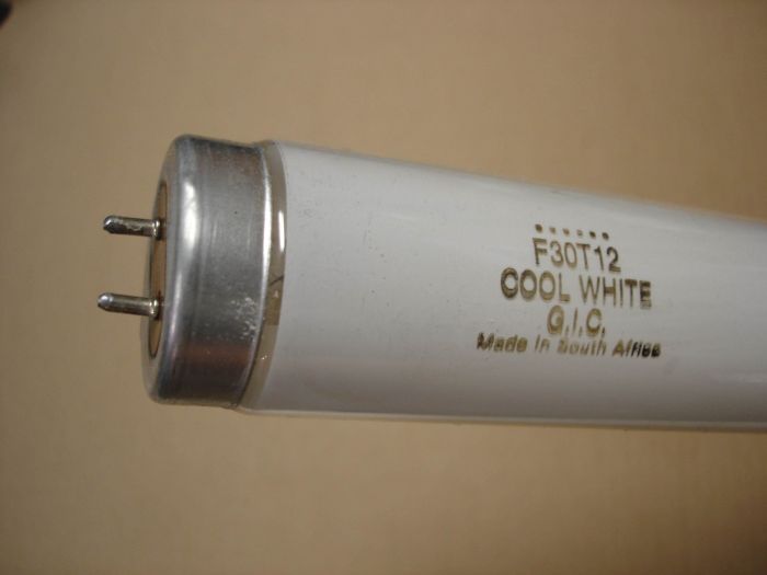 G.I.C. F30T12
Here is a G.I.C. F30T12 cool white fluorescent lamp.

Made in: South Africa

Colour temperature: 4100K


