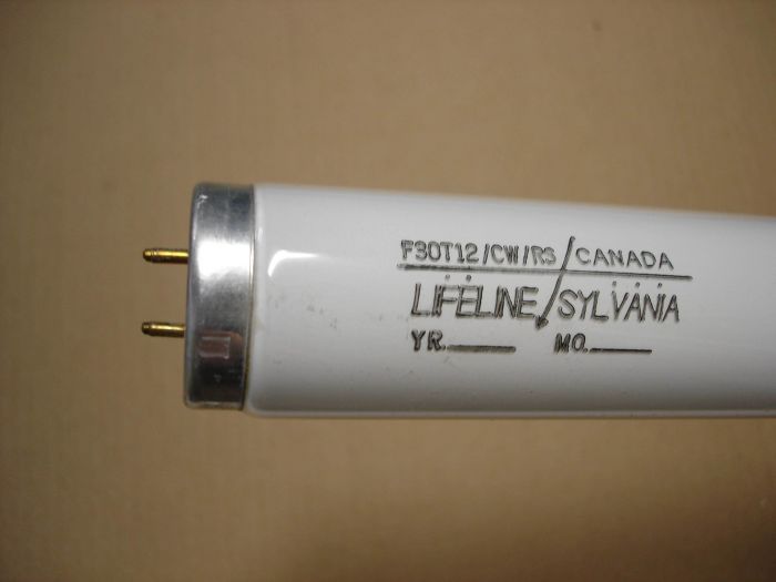 Sylvania F30T12
 Here is a Sylvania Canada F30T12 Lifeline cool white fluorescent lamp.

Made in: Canada

Manufactured: 1980's

Colour temperature: 4100K
