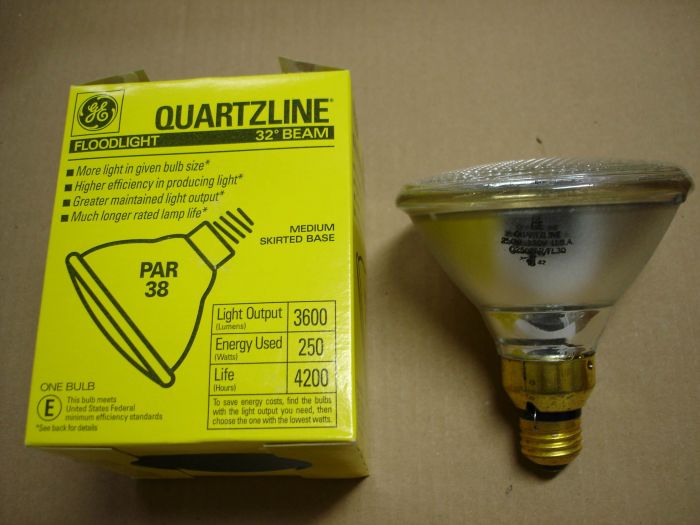 GE 250W Flood
Here's a GE 250W Quartzline halogen PAR38 flood lamp with a 32° beam.

Made in: USA

Lumens: 3600

Lamp life: 4200 hours

Lamp current: 1.93A

Colour temperature: 2880K

Filament: CC-8
