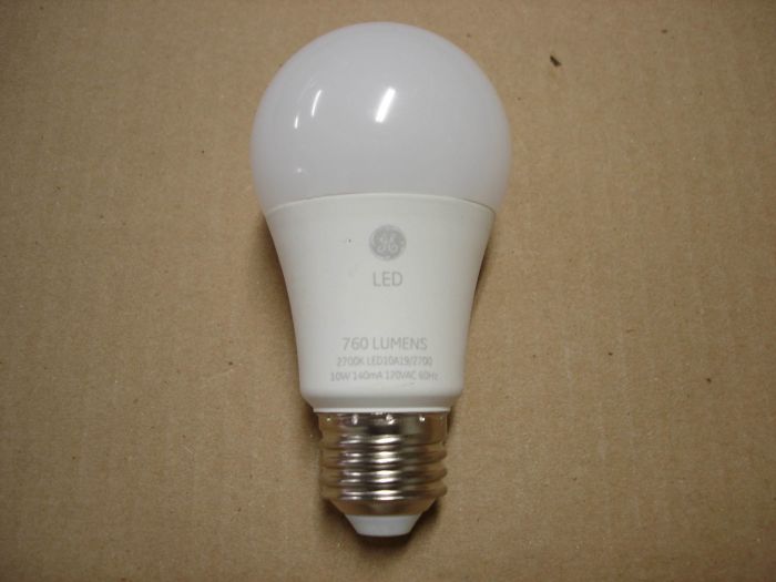 GE 10W LED
Here is a GE 10W non-dimmable warm white A-shape LED lamp. 10W = 60W incandescent. 

Made in: China

Lumens: 760

Colour temperature: 2700K

Lamp current: 140 mA

Lamp life: 15,000 hours

CRI: 80

