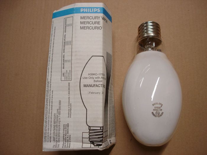 Philips 175W Mercury
Here is a Philips coated 175W mercury vapour lamp.

Made in: China

Manufactured: February 2012

Colour temperature: 4100K

Lamp life: 24,000 hours

Lumens: 7000

Lamp shape: ED28

CRI: ~60
