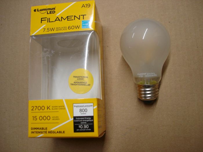 Luminus 7.5W LED
Here is a Luminus 7.5W "traditional look" warm white dimmable filament LED lamp. 7.5W = 60W incandescent.

Made in: China

Lamp life: 15,000 hours

Colour temperature: 2700K

Lamp current: 69 mA

Lumens: 800

Lamp shape: A19


