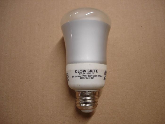Glow Brite 14W CFL
Here is a Glow Brite 14W warm white BR20 compact fluorescent flood lamp.

Made in: China

Colour temperature: 2700K

Lamp shape: BR20

Lamp current: 230 mA

Lamp life: ~10,000 hours
