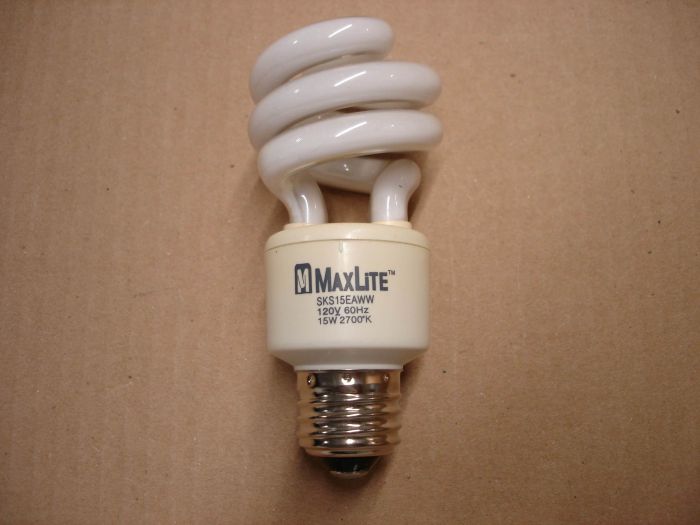 MaxLite 15W CFL
A MaxLite 15W  spiral warm white compact fluorescent lamp.

Colour temp: 2700K

Lamp life: ~10,000

