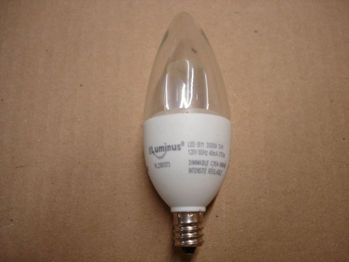 Luminus 5W LED
A luminus 5W warm white dimmable decorative LED lamp.

Lamp Shape: B11

Lamp current: 48 mA

Lamp Voltage: 120V

Colour temperature: 3000K

Lumens: 315
