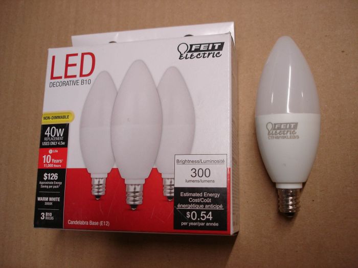 Feit Electric 4.5W LED 
Here's a pack of Feit Electric 4.5W decorative warm white non-dimmable B10 LED lamps. 4.5W=40W incandescent.

Made in: China

Manufactured: Circa 2017

Lamp life: 11,000 hours

Colour temperature: 3000K

Current: 58 mA

Lumens: 300

Base: E12 Candelabra 


