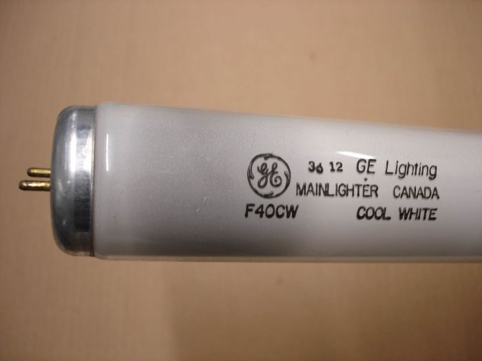 GE F40T12
Here's a GE Lighting Canada F40T12 Mainlighter cool white fluorescent lamp.

Made in: Canada

Colour temperature: 4100K

Lumens: 2680

CRI: 60

Lamp life: 15,000 hours
