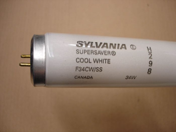 Sylvania F34T12
A Sylvania Canada F34T12 SuperSaver cool white fluorescent lamp.

Made in: Canada

Lamp life: 20,000 hours

Lumens: 2650

Colour temperature: 4200K

CRI: 62
