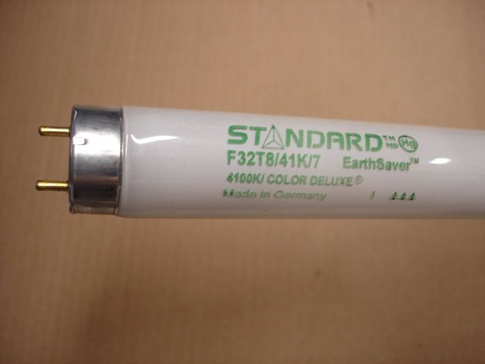 Standard F32T8
Here's a Standard F32T8 Earth Saver cool white 700 series Colour Deluxe triphosphor fluorescent lamp.

Made in: Germany

Lumens: 2800

Colour temperature: 4100K

Lamp life: 20,000 hours

CRI: 75
