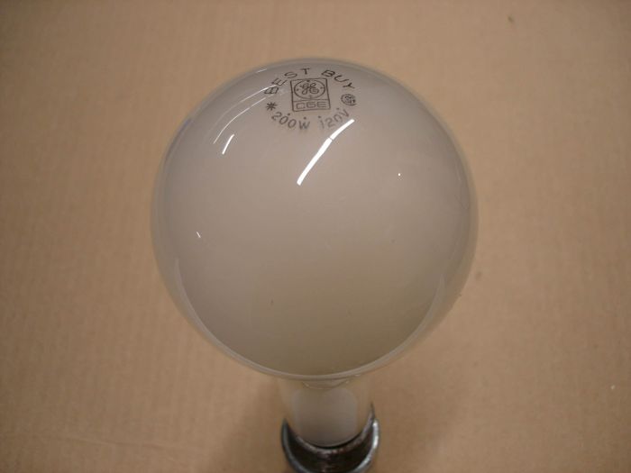 CGE 200W
Here is a Canadian General Electric (CGE) 200W frosted Best Buy incandescent lamp.

Manufactured: Circa 1980's

Made in: Canada

Voltage: 120V

Lamp current: 1.62A

Filament: CC-8

Lumens: 3920

Lamp life: 750 hours

Lamp shape: PS25
