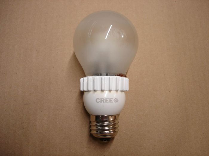 CREE 9W LED
A CREE 9W daylight silicone coated dimmable LED lamp. 9W = 60W incandescent.

Manufactured: May 2013

Made in: USA

Colour temperature: 5000K

Lamp lumens: 800

Lamp life: 25,000 hours

Lamp current: 75 mA

Voltage: 120V

Lamp shape: A19
