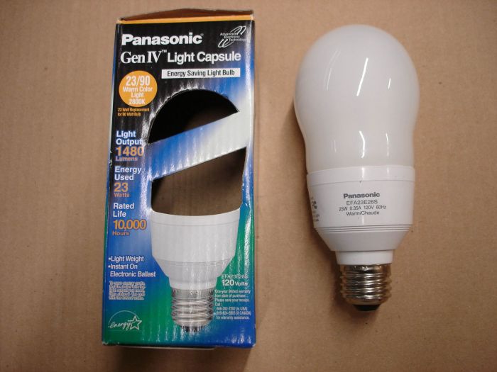 Panasonic 23W CFL
A Panasonic 23W Gen IV warm white compact fluorescent light capsule. This lamp equals a 90W incandescent lamp. 

Made in: Indonesia

Colour temperature: 2700K

Lamp current: 0.35A

Lumens: 1480

Lamp life: 10,000 hours

Lamp shape: A21
