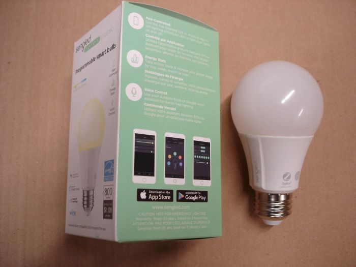 Sengled 9W LED
A Sengled 9W Element Classic programmable LED smart bulb. Can be controlled using the Element Hub with Google Assistant or Amazon Alexa, as well as App-controlled using Apple or Android smart phones.

Made in: China

Manufactured: Circa 2018

Lumens: 800

Colour temperature: 2700K

Lamp life: 25,000 hours

Current: 85 mA

Lamp shape: A19

Voltage: 100 - 130V

CRI: 90
