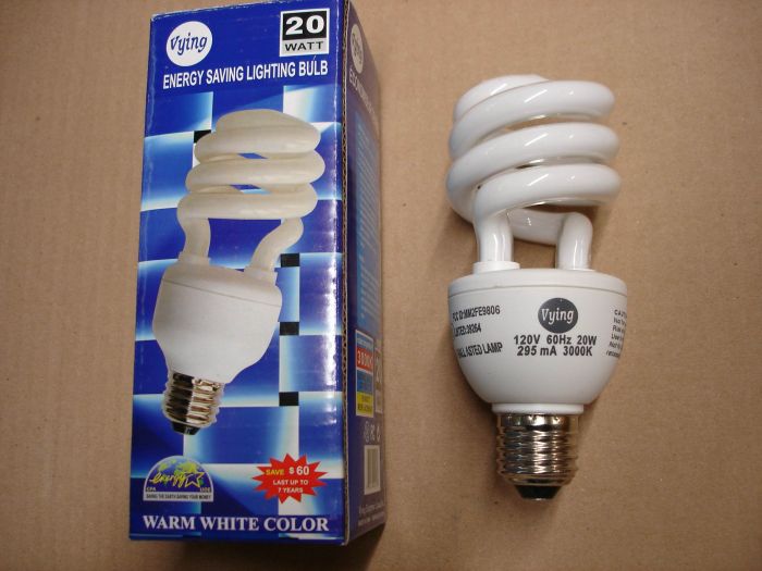 Vying 20W CFL
Here's a Vying 20W warm white compact fluorescent lamp. 20W = 90W incandescent. 

Made in: China for Vying Enterprises Canada Inc.

Colour temperature: 3000K

Lamp Life: 8000 hours

Lumens: 1200

Current: 295 mA


