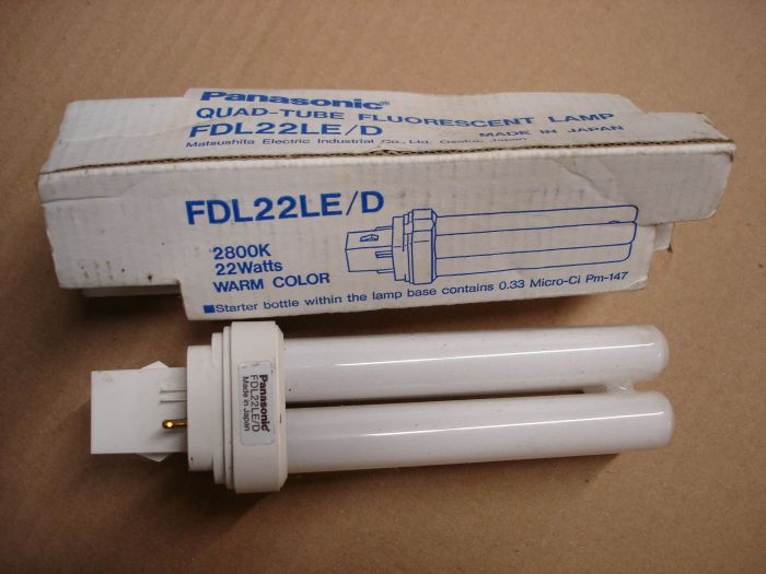Panasonic 22W CFL
Here is a Panasonic 22W warm white quad-tube Dulux D compact fluorescent lamp. 

Made in: Osaka, Japan

Colour temperature: 2800K

Lumens: 1200 (Initial)

Lamp life: 10,000 hours

CRI: 84

Lamp current: 0.45A




