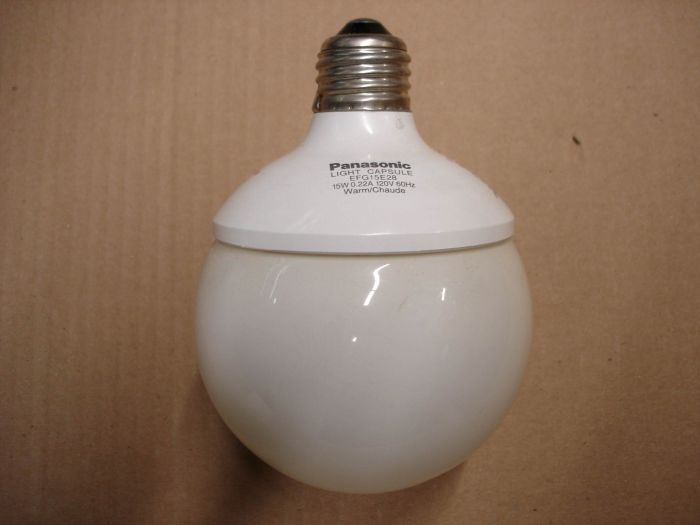 Panasonic 15W CFL
A Panasonic 15W Light Capsule Globe  warm white compact fluorescent lamp. Equals a 60W incandescent. 

Made in: Indonesia

Manufactured: July 1999

Colour temperature: 2800K

Lamp current: 0.22A

Voltage: 120V

Lumens: 830 (Initial) 

Lamp life: 10,000 hours

CRI: 84

Lamp shape: G25
