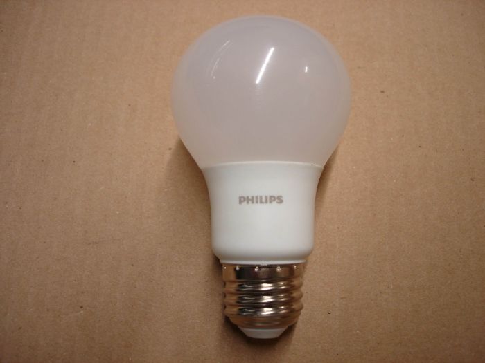 Philips 8.5W LED
Here's a Philips 8.5W warm white non-dimmable LED lamp. Equals a 60W incandescent. 

Made in: China

Colour temperature: 2700K

Lumens: 800

Lamp life: 10,960 hours

Current: 125 mA

CRI: 80

Operating temp: -4F to 113F 

Lamp shape: A19
