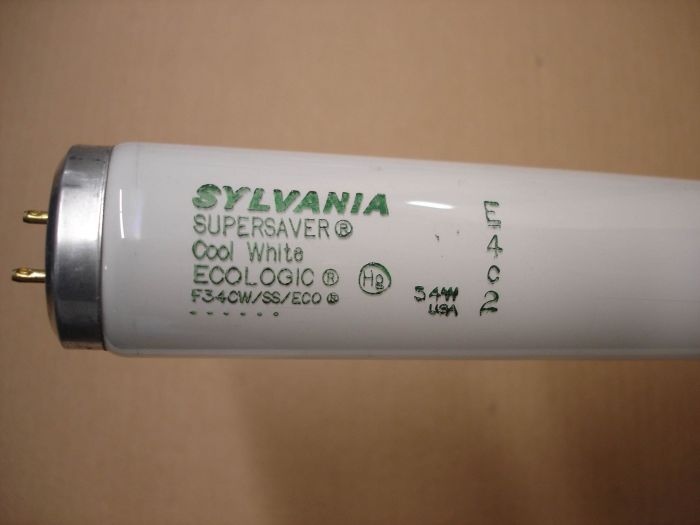 Sylvania F34CW
A Sylvania 34W T12 Super Saver Ecologic cool white fluorescent lamp. 

Made in: USA

Lumens: 2295

Colour temperature: 4200K

Lamp life: 20,000 hours

CRI: 62


