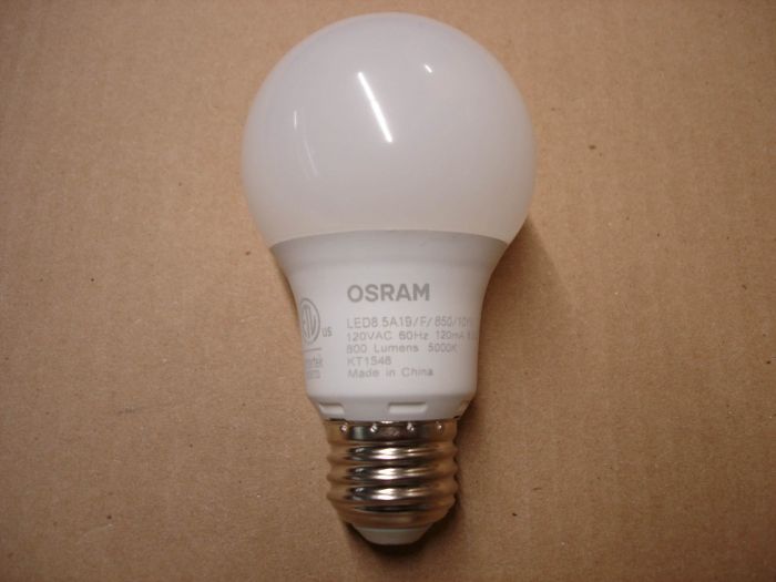 Osram 8.5W LED
Here's an Osram (Sylvania) 8.5W non-dimmable natural light LED lamp,equal to a 60W Incandescent. 

Made in: China

Colour temperature: 5000K

Lumens: 800

Lamp life: 11,000 hours

Lamp shape: A19

CRI: 80


