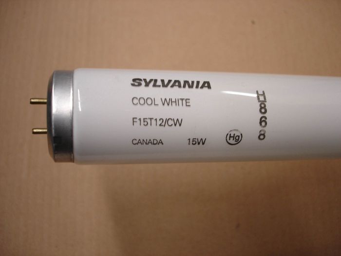 Sylvania F15T12
A Sylvania Canada F15T12 cool white fluorescent lamp.

Made in: Canada

Manufactured: Circa Feb. 2008?

Lumens: 750 (Initial) 653 (Mean)

Colour temperature: 4100K

Lamp life: 9000 hours

CRI: 60

Lamp current: 0.325A


