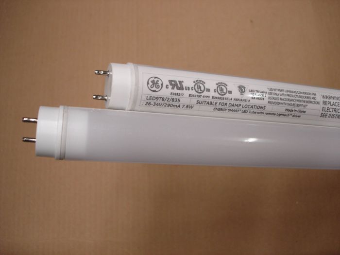 GE 7.8W LED 
Here's a pair of GE 7.8W LED T8 tubes, these require a GE Lightech driver to operate. 

Made in: China

Lamp lumens: 1100

Lamp current: 290 mA

Colour temperature: 3500K

Lamp life: 70,000 hours

CRI: 80+

Lamp shape: T8 linear
