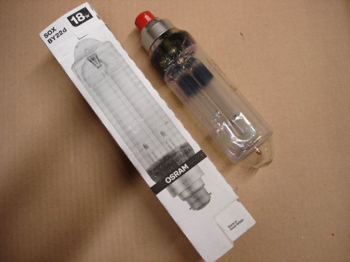 Osram 18W LPS
Here is an Osram 18W low pressure sodium lamp.

Made in: Great Britain

Lamp lumens: 1800

Lamp life: 16,000 hours

Colour temperature: 1800K 

Lamp shape: T17

CRI: 0
