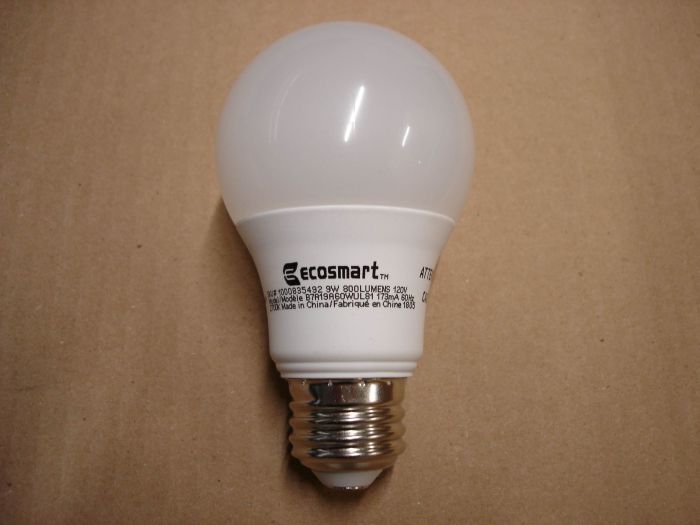 Ecosmart 9W LED
Here's a Ecosmart 9W non-dimmable warm white LED lamp. It's equivalent to a 60W incandescent. 

Made in: China

Manufactured: May 2018

Colour temperature: 2700K

Lamp lumens: 800

Lamp life: 15,000 hours

Lamp current: 173 mA

CRI: 80

Voltage: 120V
