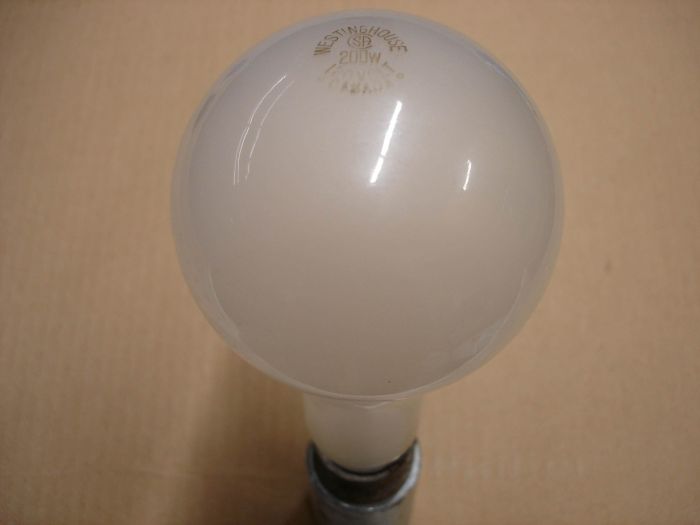 Westinghouse 200W
Here is a Westinghouse Canada 200W frosted incandescent lamp.

Voltage: 120V

Lamp current: 1.70A

Lamp life: ~1000 hours

Lamp shape: PS25

Filament: CC-6

Base: Medium E26 aluminum
