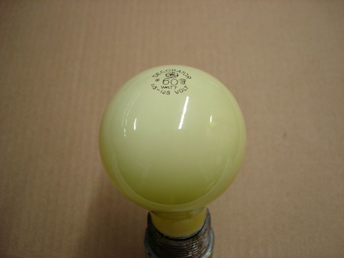 GE 60W
A GE 60W decorator yellow incandescent lamp.

Lamp voltage: 115-125V

Lamp life: ~1000 hours

Lamp shape: A19

Filament: C-6

Current: 0.52A

Lamp base: Medium E26 aluminum
