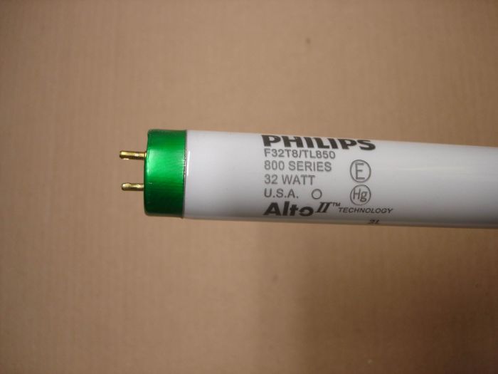 Philips F32T8
A Philips F32T8 natural light fluorescent lamp with 800 series phosphors.

Made in: USA

Manufactured: November 2013

Colour temperature: 5000K

Lumens: 2850 Initial  2710 Mean

Lamp life: 36,000 hours

CRI: 82
