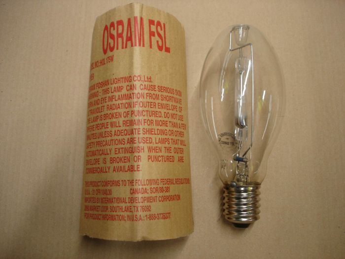 Osram FSL 175W Mercury
Here is an Osram FSL clear 175W mercury vapour lamp.

Made in: China 

Manufactured: Circa 1998

Lamp life: 24,000 hours

Lamp shape: ED28

Colour temperature: ~5900K
