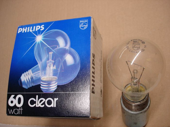 Philips 60W
Here's a pack of Philips Canada 60W clear incandescent lamps.

Manufactured: January 1991

Made in: Scarborough, Ontario Canada

Lamp shape: A19

Voltage: 115 -125V

Current: 0.51A

Filament: C-6 supported
