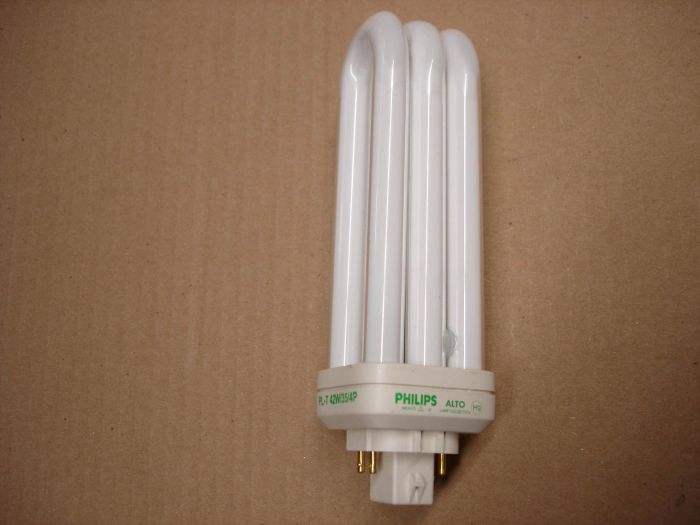 Philips 42W CFL
A Philips ALTO PL-T 42W 3500K compact fluorescent lamp.

Made in: Mexico

Manufactured: September 2005

Lamp life: 10,000 hours

Colour temperature: 3500K

Lumens: 3050

Lamp shape: T4 triple U tube

Base: GX24q-4
