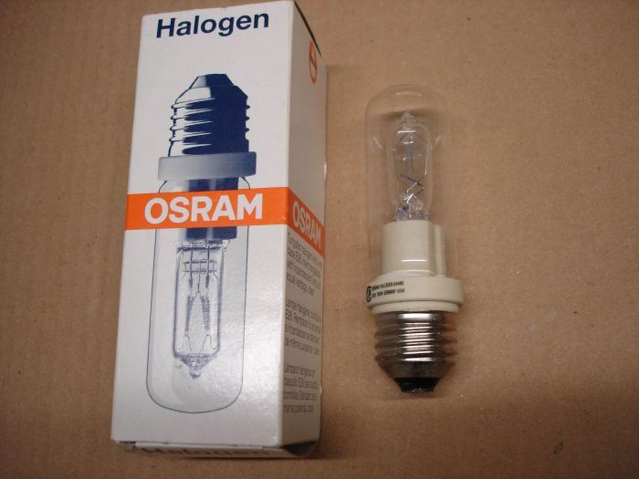 Osram 100W
Here is an Osram 100W double envelope halogen lamp.

Made in: Germany

Colour temperature: 2950K

Current: 0.87A

Voltage: 120V

Lamp shape: T10

Filament: CC-2V
