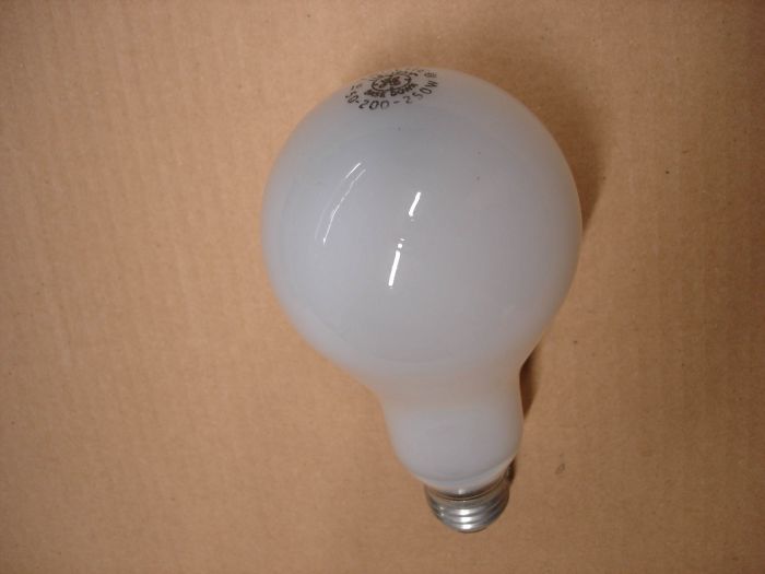 GE 50-200-250W 
Here's a GE 20 200 250W Tri-Lite 3-way incandescent lamp. 

Made in: USA

Manufactured: Date code 16

Voltage: 115-125V

Filament: C-6, CC-6

Current: 0.41A - 1.61A - 2.02A

Lumens: 620 - 3335 - 3955

Lamp shape: PS25

Colour temperature: 2700K

