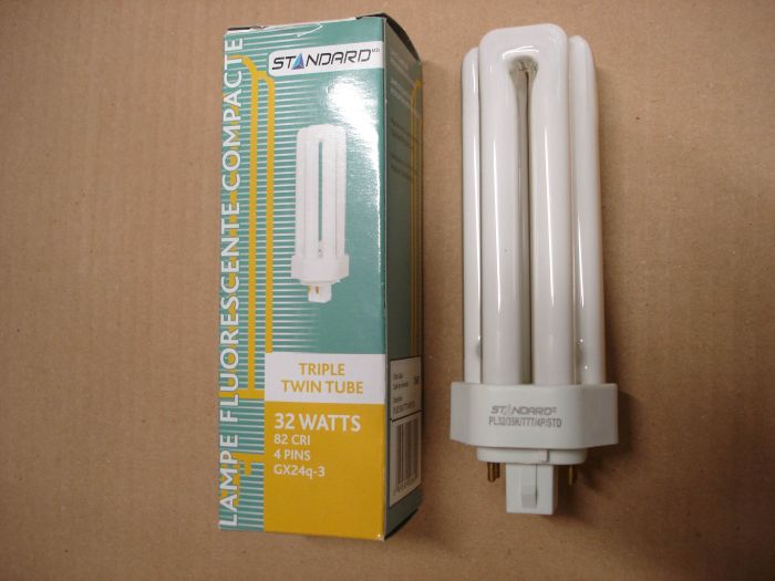 Standard 32W CFL
Here is a Standard 32W 3500K PL type compact fluorescent lamp.

Lamp life: 12,000 hours

Colour temperature: 3500K

Lamp shape: PL with T4 triple U tube

Base: GX24q-3

CRI: 82
