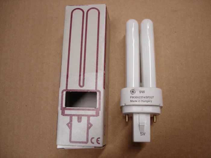 GE 9W CFL
Here is a GE 9W Biax D  warm white compact fluorescent lamp.

Made in: Hungary

Lumens: 470

Lamp life: 10,000 hours

Colour temperature: 2700K

Lamp shape: T4 double U tube

Base: G23-2

CRI: 82
