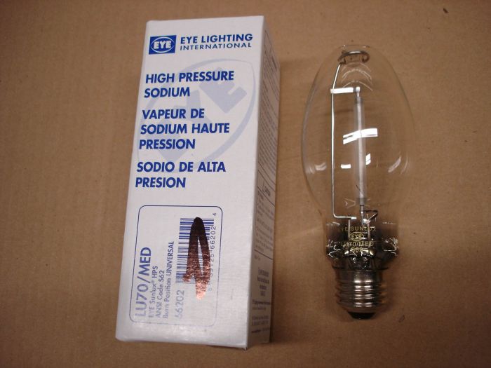 EYE 70W HPS
Here is an EYE Sunlux 70W high pressure sodium lamp.

Made in: China

Lamp life: 24,000 hours

Colour temperature: 1900K

Lamp shape: ED17

Lumens: 5350

CRI: 22

Base: Medium E26 nickel plated
