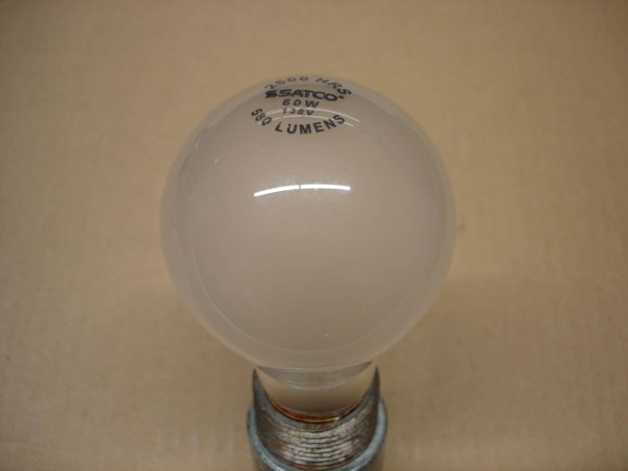 Satco 60W
A Satco frosted 60W long life incandescent lamp.

Lamp life: 2500 hours

Current: 0.44A

Lumens: 580

Voltage: 130V
