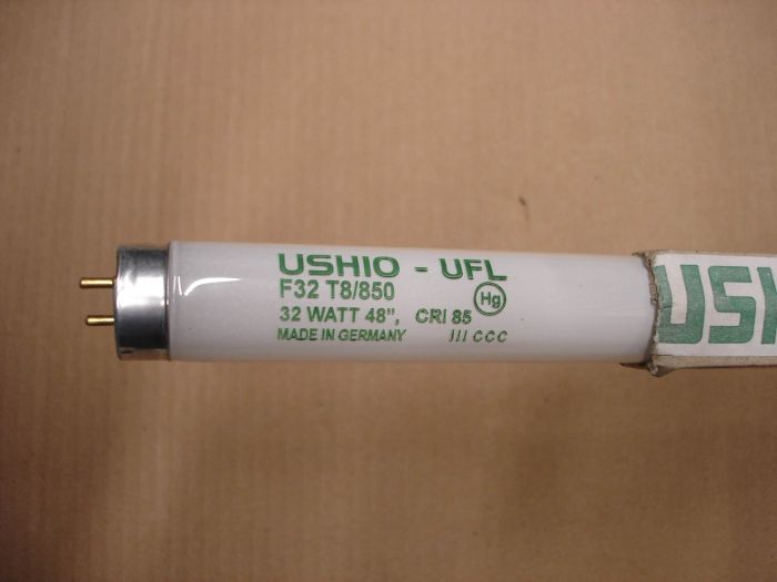Ushio F32T8
Here is a Ushio F32T8 800 series natural white fluorescent lamp with tri-phosphors.

Made in: Germany

Lamp life: 30,000 hours

Colour temperature: 5000K

Lumens: 3050

CRI: 85
