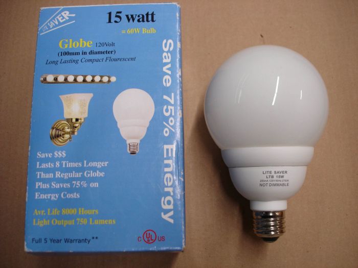 Lite Saver 15W CFL
A Lite Saver 15W non-dimmable warm white globe compact fluorescent lamp. 15W = 60W incandescent.

Made in: China

Lamp life: 8000 hours

Colour temperature: 2700K

Current: 250 mA

Lamp shape: G40

Voltage: 120V

Lumens: 750






