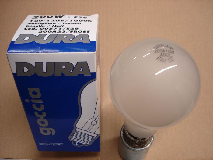 Duralamp 200W
Here's a Duralamp 200W frosted incandescent lamp.

Made in: Florence Italy

Lamp life: 1000 hours

Lamp shape: A23

Current: 1.50A

Filament: C-9

Voltage: 120 - 130V

