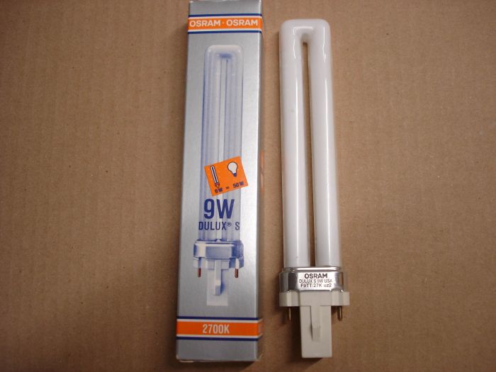 Osram 9W
An Osram 9W Dulux S warm white PL compact fluorescent lamp.  9W = 50W

Made in: USA

Colour temperature: 2700K

Lumens ~500

Lamp life: 10,000 hours

Base: G23



